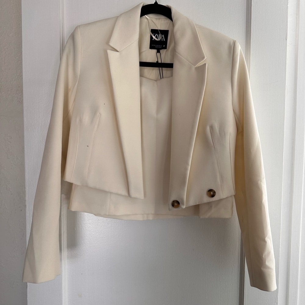 Zara Cream Cropped Blazer with Button Detail and Skirt Set